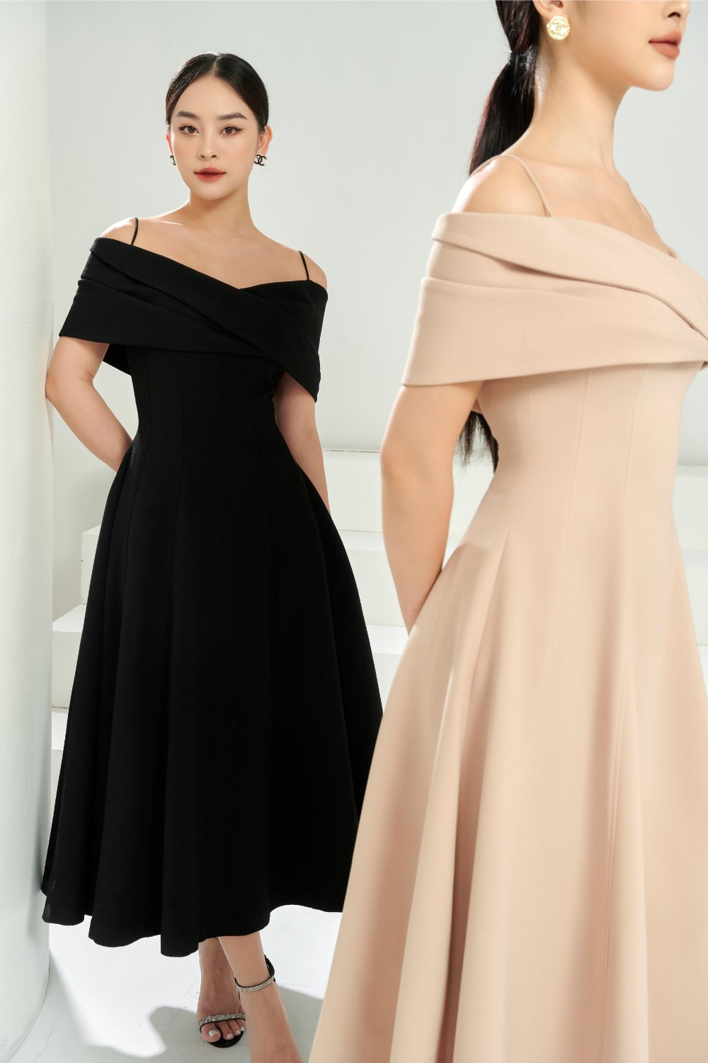 Off Shoulder Layered Pleated A Dress