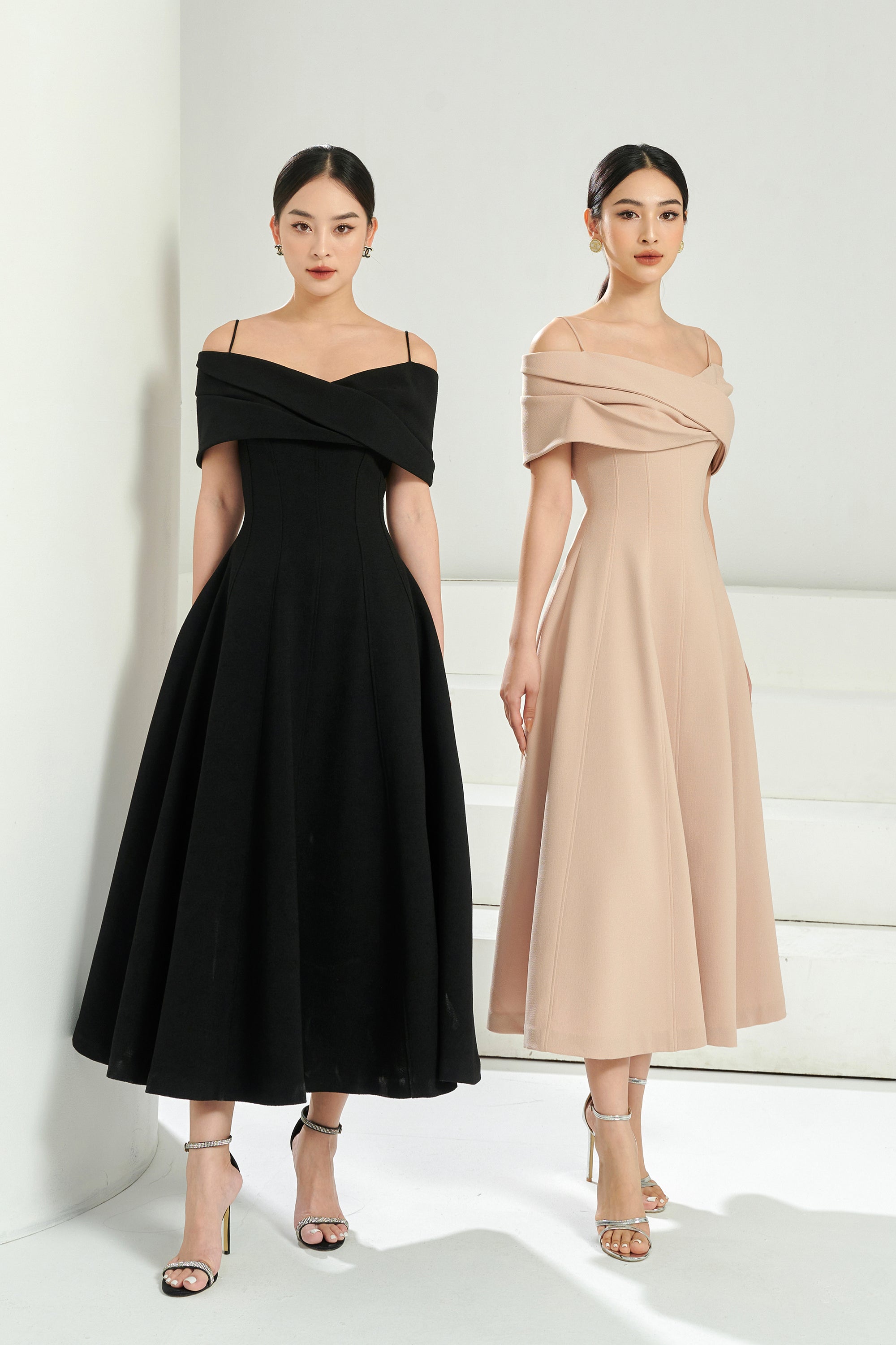 Off Shoulder Layered Pleated A Dress
