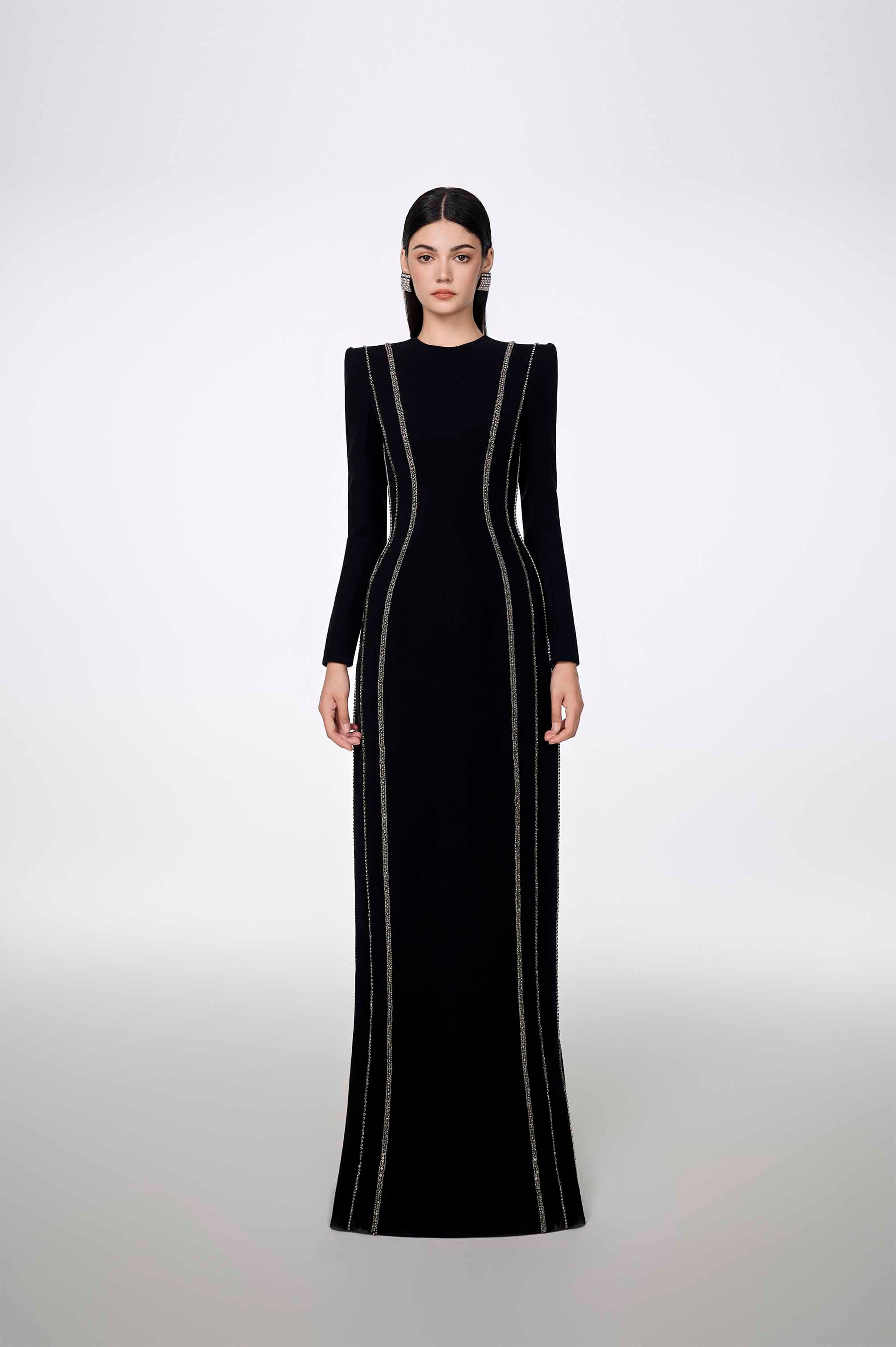Crystal - Embellished Long Sleeve Bodycon Full Dress