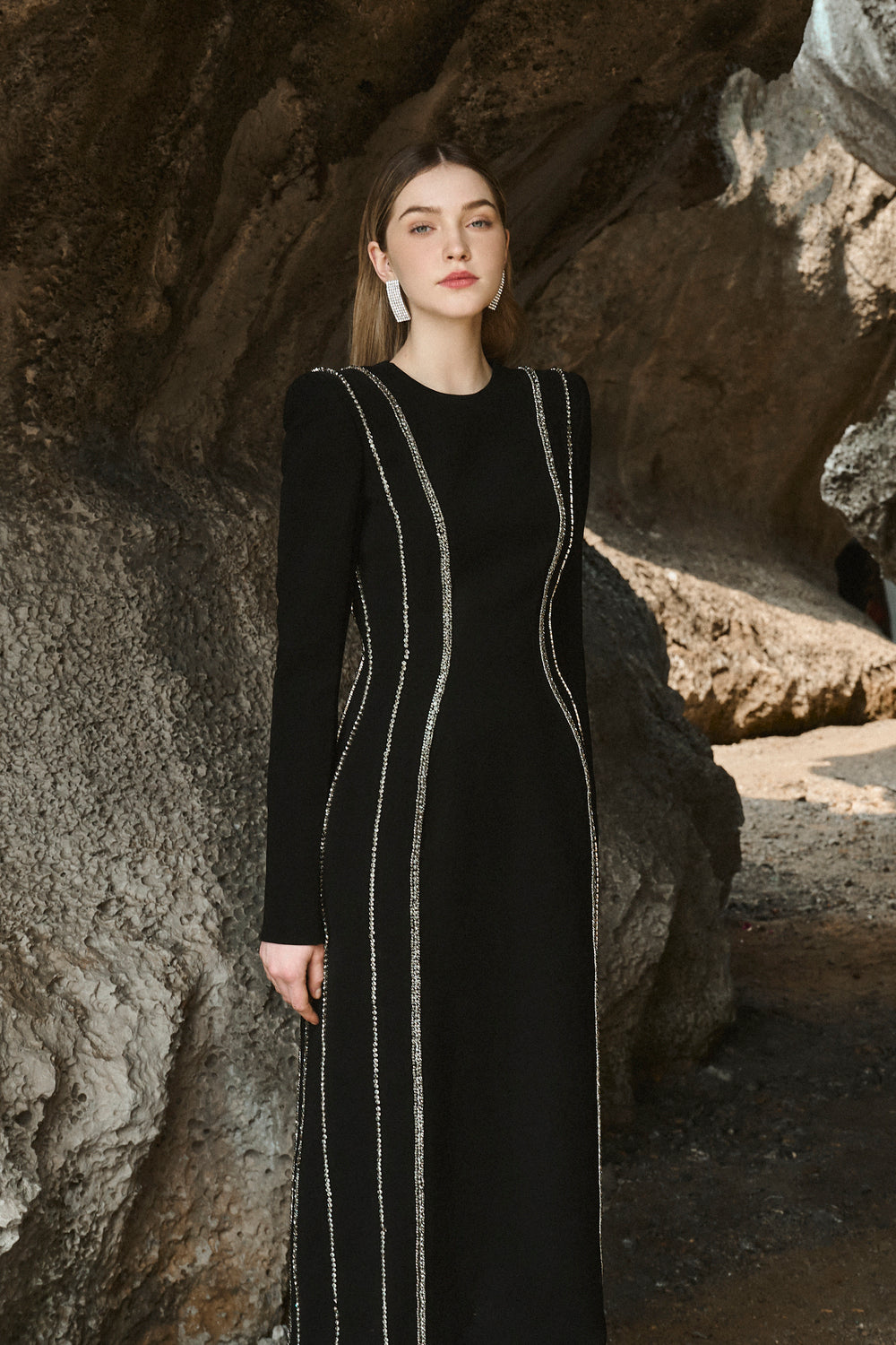 Crystal Embellished Long Sleeve Bodycon Midi Dress